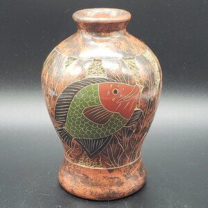 Nicaraguan Carved & Etched Fish Terracotta Folk Art Vase